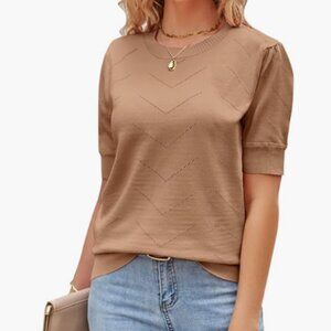 NEWSHOWS | Womens Short Sleeve Sweater Top Lightweight Knit Shirt | Khaki | S